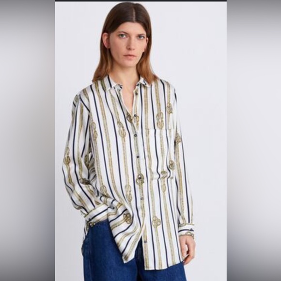 Zara rope printed long sleeve blouse White and Gold Striped - Picture 2 of 7